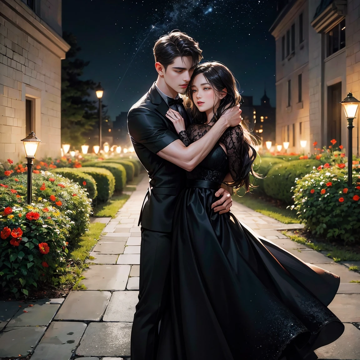 Night Flower Garden，Tyndall Light，Couples hugging each other，Black Short Hairstyles for Boys，handsome，A young woman with long, wavy black hair，black dress,walking,The lights are dim.

