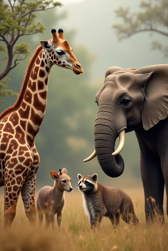 a meeting of the following animals giraffe, lobo, chimpace, Elephant, leopard, Raccoon