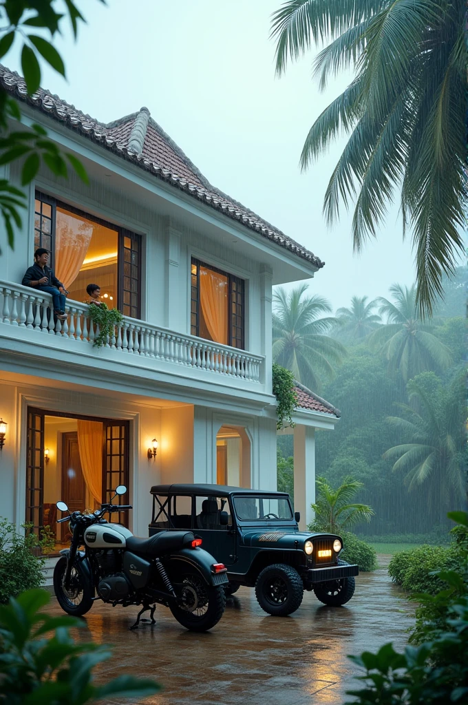 One laxurius bangalow in white colour and front of the house one thar and royal Enfield and I am in my balcony and my brother see from windows and nature are minor rainy