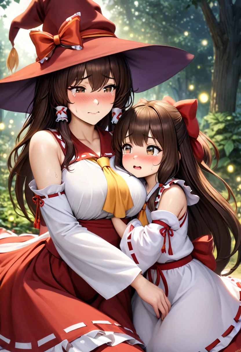 animetoreal, (mother and daughter, age_difference,size_difference), listening to the heartbeat , hugging each other,grabbing tit,(Cum on body), embarrassed,blush,tears in eyes, sweat, , masterpiece, best quality, very aesthetic, absurdres, ,touhou, hakurei_reimu, mother and daughter, brown_eyes, brown_hair, long_hair, hair_bow, hair_tubes, frilled_hair_tubes, hat, witch_hat, detached_sleeves, red_skirt, ribbon, ribbon-trimmed_sleeves, ribbon_trim, skirt, skirt_set, yellow_ascot,,in garden,glowing stardust frontground,fantasy,sparkling,fireflies,