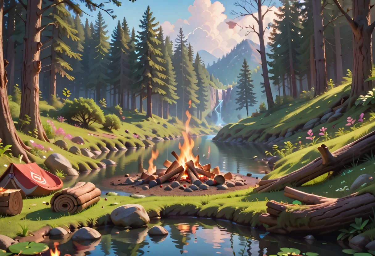 forest thicket, noon, spring, bonfire, river, masterpiece quality, ultra HD, 4K, best quality