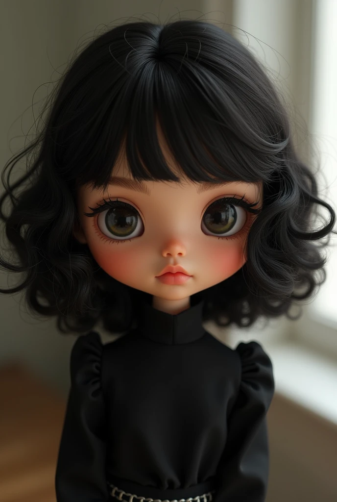 Blythe idol with black medium curly hair swith bangs and big black eyes, with brunette skin, black blouse with high collar, cute, without much makeup