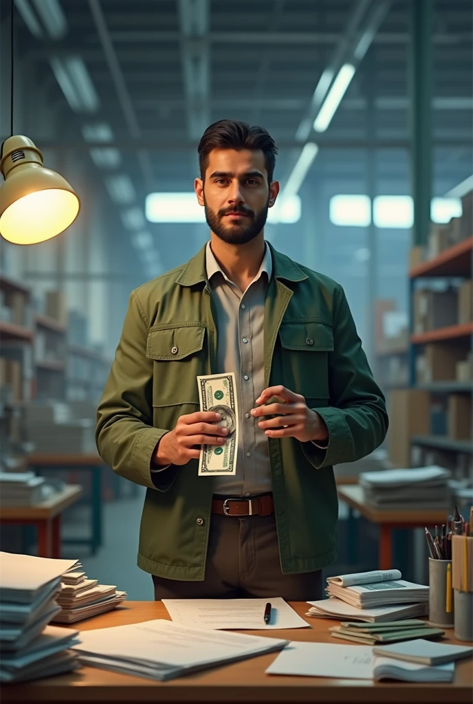 173 cm iranian electrical ingineer with dollar in hand
And he is in factory
And some paper around desk and worrk clothes
Without beard