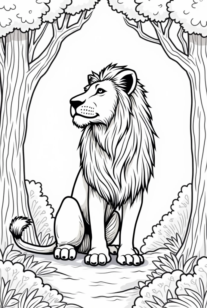 Create a lion in the forest image using bold black lines for an adult coloring book