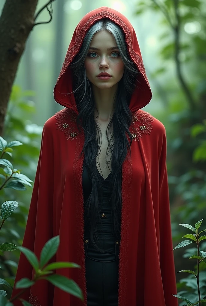 beautiful and gorgeous pale white skin blue eyes with black and white hair in red cape and hood in the forest
