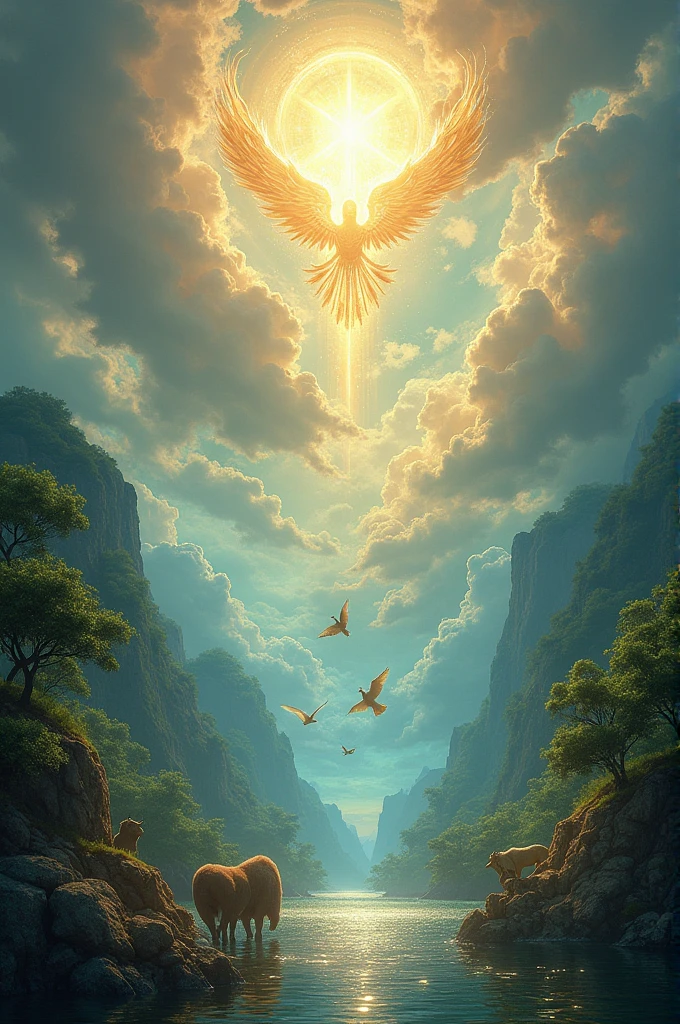 generate an image that shows in the beginning,, God creates birds fly in the skies, animals roam in the forests and sea creatures swim in the oceans.