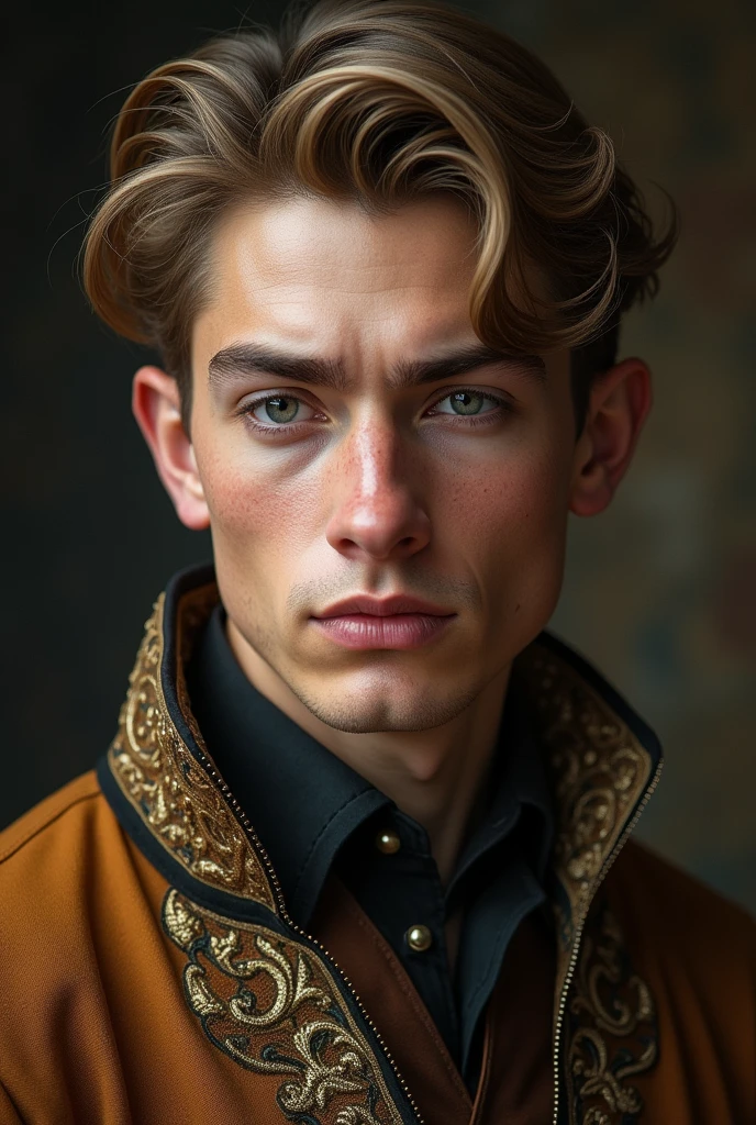 (Handsome man, dark blond hair
Facial Features: A combination of high cheekbones, almond-shaped eyes, and strong jawlines, reflecting both their Central Asian and Mediterranean heritage. 24, muscular, sexy, medieval times, pale olive skin, almost white looking, Prince future king 