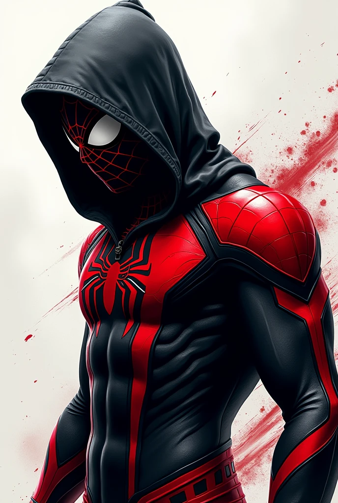 styled: drawning, Spiderman in black and red uniform, with black hood, in a classic spiderman pose 