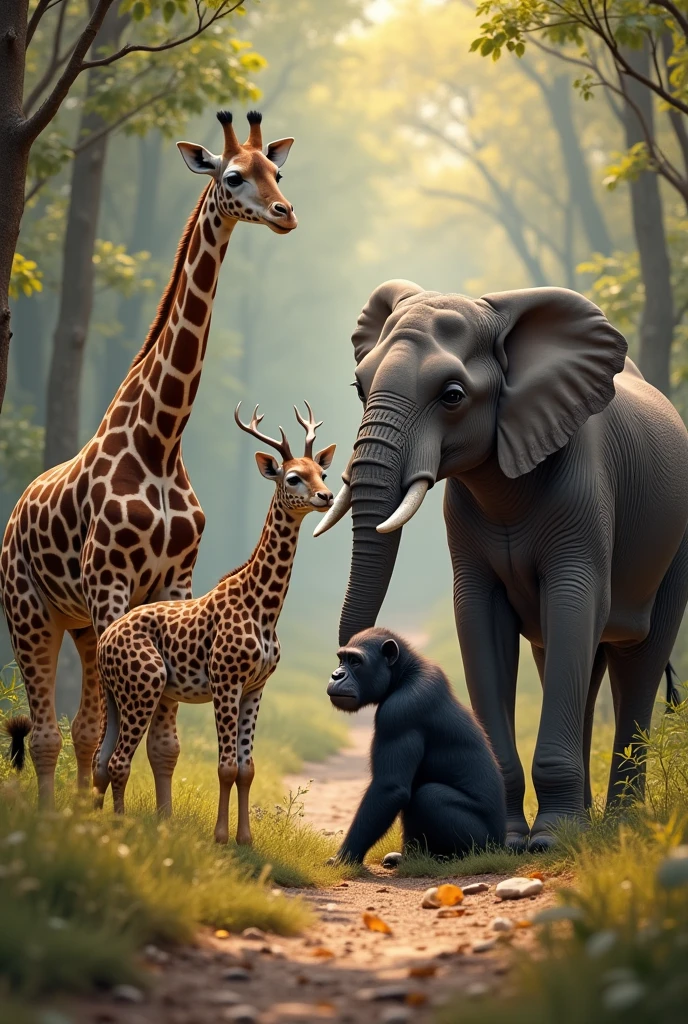 a meeting of the following animals giraffe, lobo, chimpace, Elephant, leopard