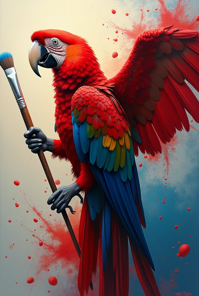 painting of scarlet macaw bird changing their own colour of the body using painting brush on their hole body , illusion art, imaginary , pains are splashing towords all places