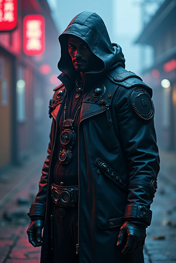 in this image, no face,cool color,strong, like hacker devil,unique clothes,no horn,rgb lighting wow,
