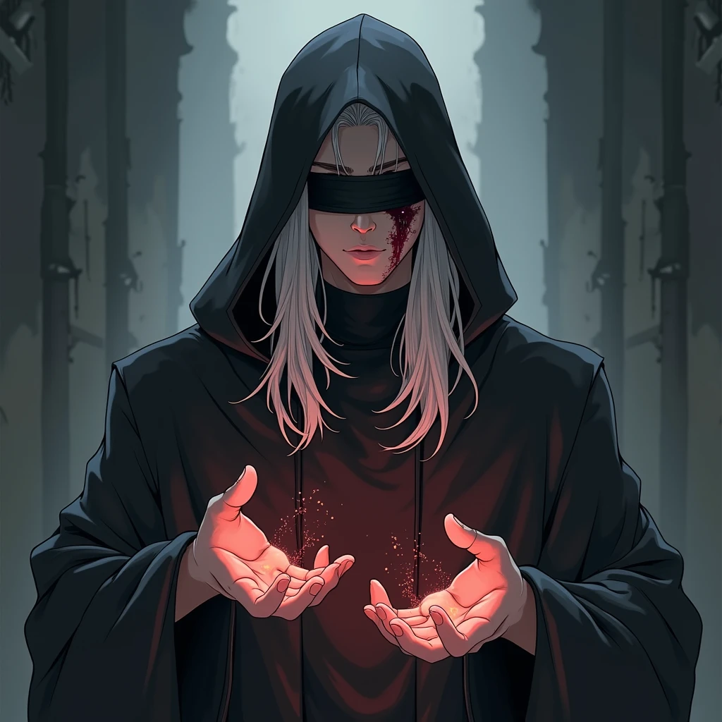 stranger, hood, blindfold, scar, mysterious power, elegant, ager, male, somewhat muscular, hoarse and deep voice, rather long white hair, cursed hands, gothic, anime style