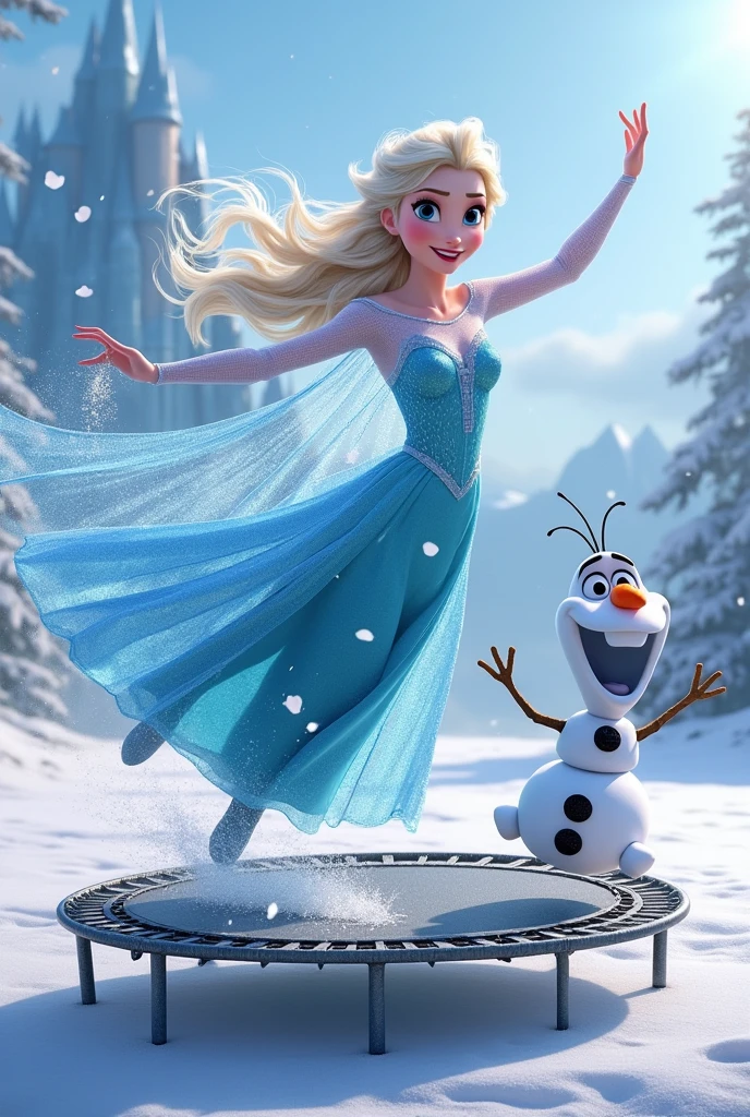 Elsa and Olaf jumping on a trampoline jump with the greatest number of details Elsa is in front