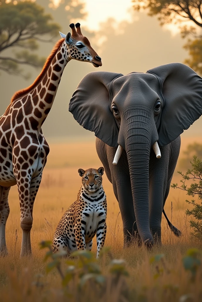 a meeting of the following animals giraffe, chimpace, Elephant, leopard, lobo