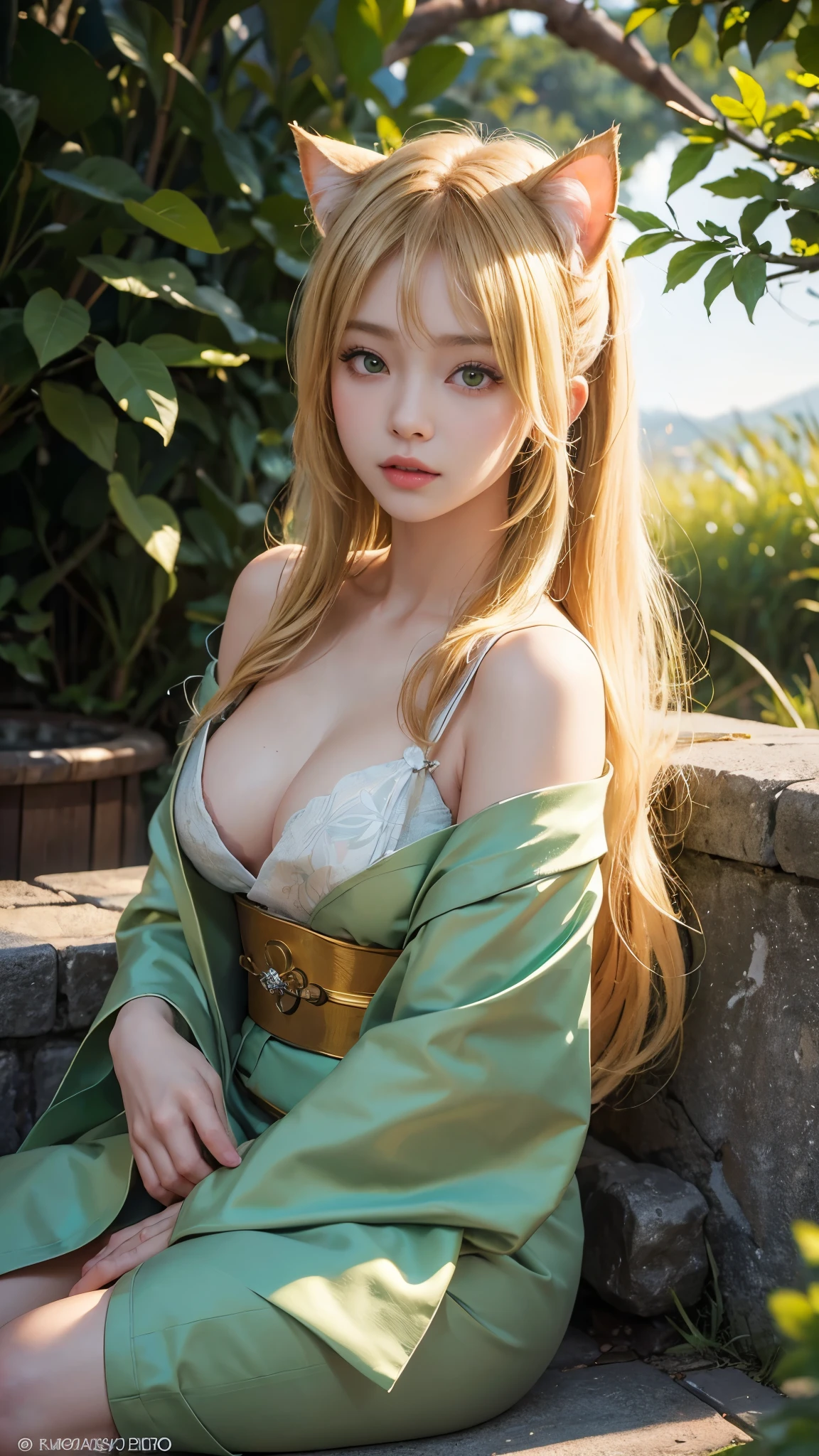 ((masterpiece)), ((highest quality:1.1)), 8k, ((super high resolution:1.2)), ((photorealistic:1.3)), RAW Photos, ((Japanese girl:1.1)), blondie hair and cat ears, old green extensions, hair blowing in the wind, ((glowing skin:1.2)), Oiran Makeup, old green with gold acent kimono, white and green pattern.cat theat

This Japanese girl masterpiece showcases the highest quality in its 8k resolution. With a lifelike, photorealistic representation, every detail shines through in its RAW form. The girl is depicted as having long, blondie with cat ears hair that flows in the