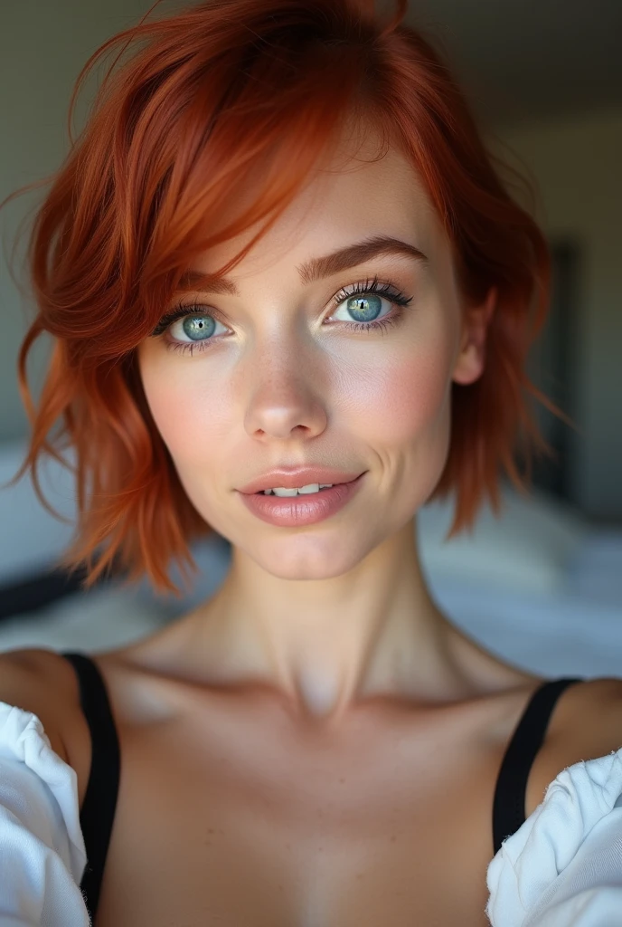 Selfie of Beautiful woman in her bedroom with short red hair. Blue eyes