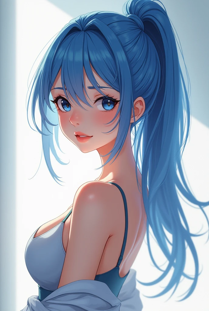 A sexy anime-style woman in her early 20s with blue hair and a ponytail