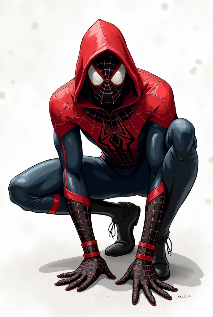 styled: drawning, Spiderman in black and red uniform, with black hood, in a classic spiderman pose 