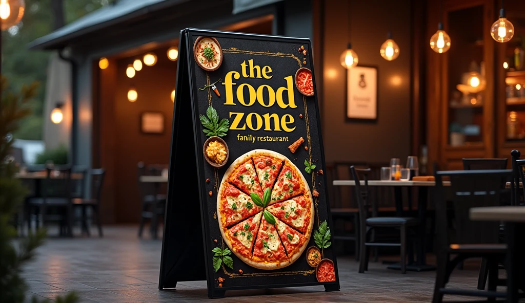 The main flex board design of size 22.5 by 4 with "the food zone" as main heading and family restaurant as subheading heading with pizza and Indian cuisine in dark theme in landscape mode