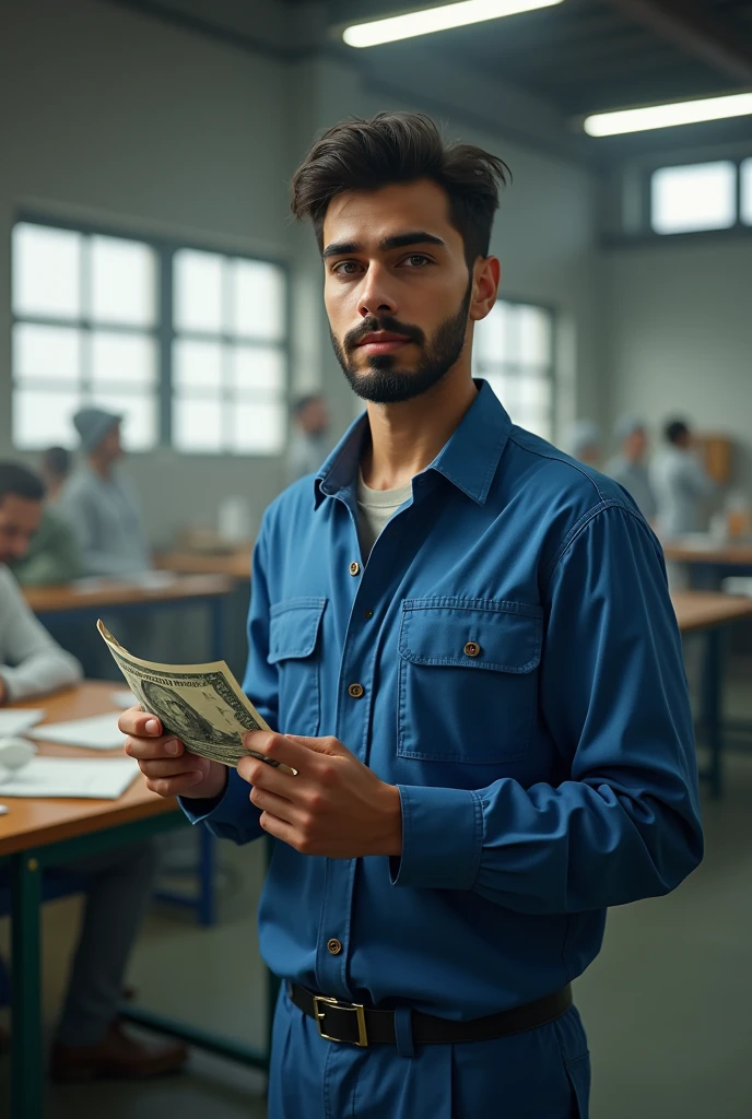 173 cm iranian  electrical ingineer with dollar in hand
And he is in factory 
And some paper around desk and worrk clothes 
Without beard
Blue work clothes 