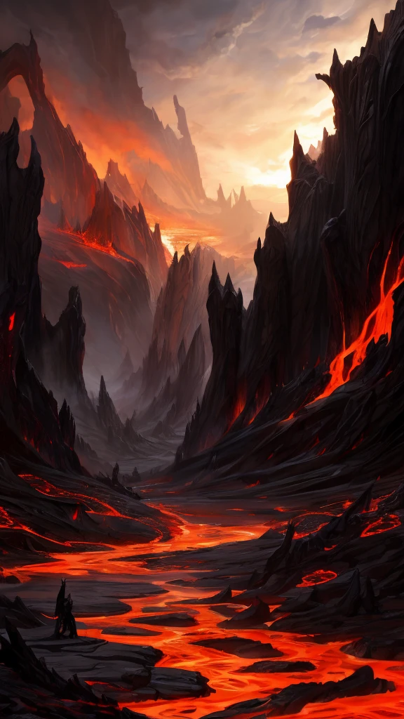Lucifer transforming into a demonic figure, with dark skin, glowing red eyes, and emerging horns. The setting is a hellish landscape with rivers of lava, dark caves, and smaller demons in the background, bowing before their new ruler. The atmosphere is intense and foreboding