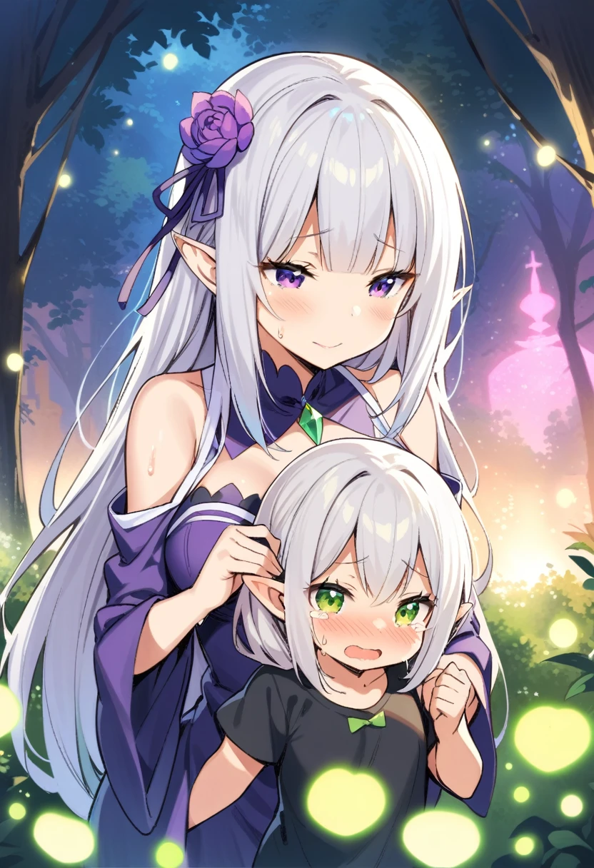  (mother and daughter, age_difference,size_difference), listening to the heartbeat , hugging each other,grabbing tit,(Cum on body), embarrassed,blush,tears in eyes, sweat, , masterpiece, best quality, very aesthetic, absurdres, ,emilia_(re:zero), re:zero_kara_hajimeru_isekai_seikatsu, mature mother and cute daughter, elf, pointy_ears, white_hair, long_hair, purple_eyes, hair_flower, hair_ornament, hair_ribbon, purple_ribbon, bare_shoulders, dress, flower, gem, green_gemstone,in park,glowing stardust frontground,fantasy,sparkling,fireflies,