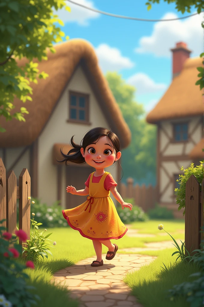 Rania is a girl who is playing in the yard of a house in a village.