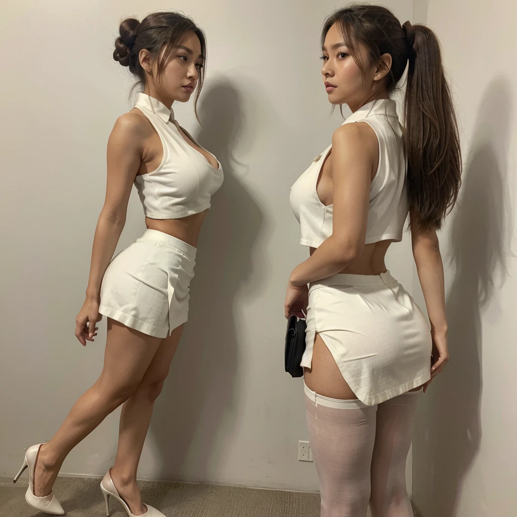 Asian, 25 years old, Bun in dark blonde hair, Very tanned with marks, white eyes, very large big bust, posing long from Side in the photo, wearing sleeveless and very open white executive suit, long executive Tight skirt, Black pantyhose, high heels, full body