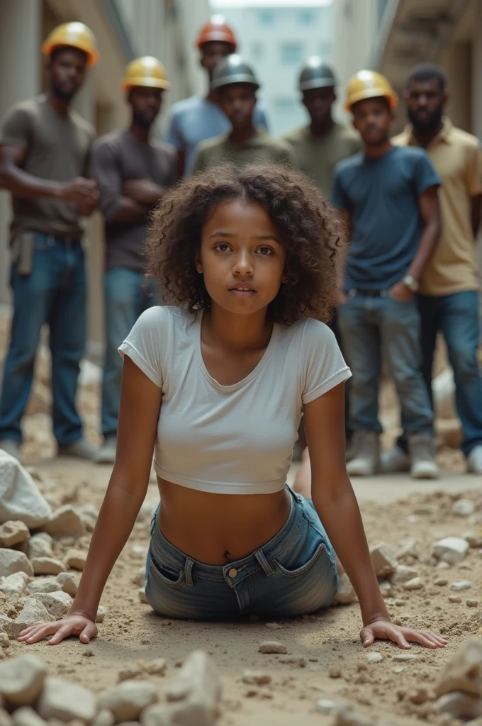 Girl in white good and tight denim skirt posing for photo, whole body, With a cropped t-shirt, good, slim body, , Slender female model, 12 year old female model, Lying on a construction site, A group of black men are watching.