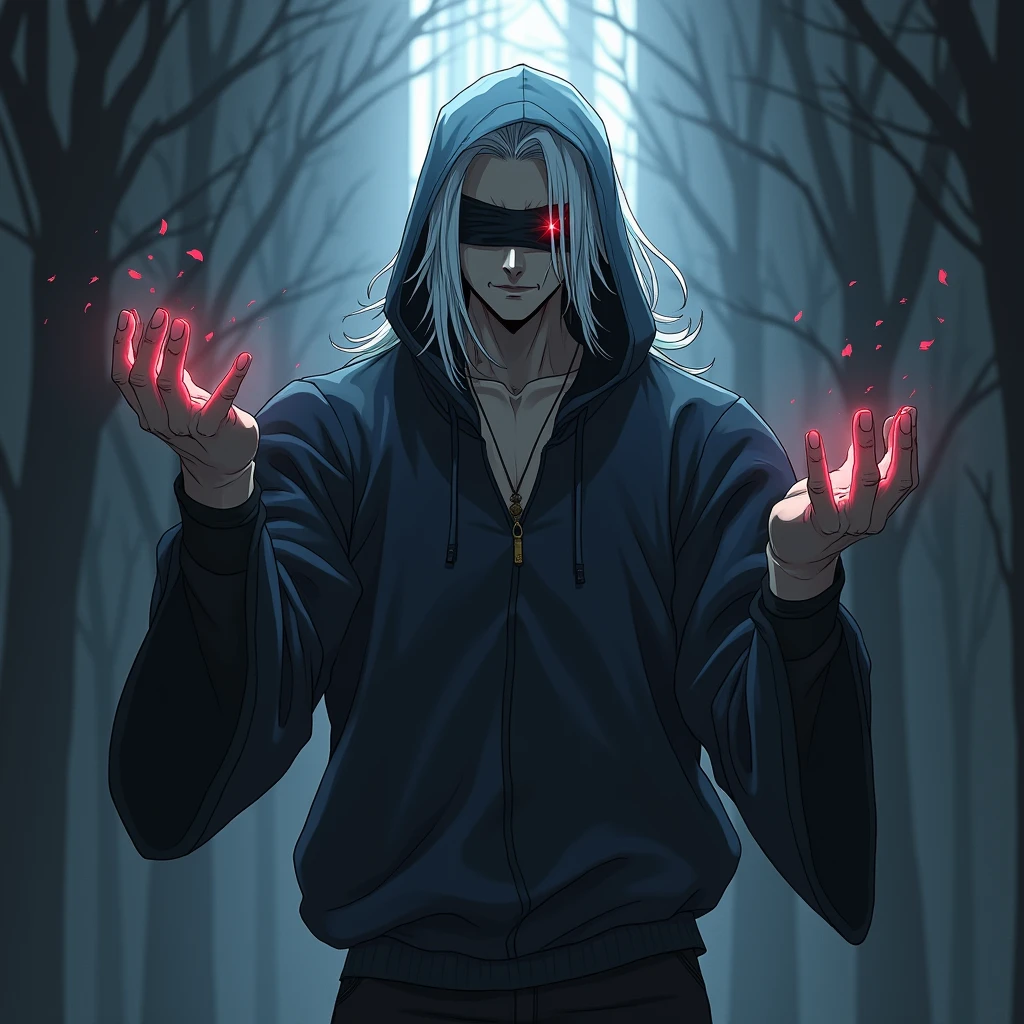 stranger, hood, blindfold, scar, mysterious power, elegant, teenager, male, somewhat muscular, hoarse and deep voice, rather long white hair, cursed hands, gothic, anime style
