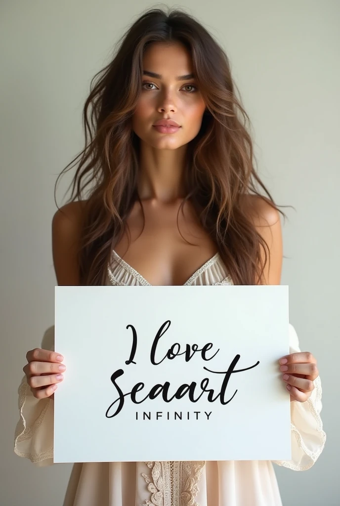 Beautiful girl with wavy long hair, bohemian dress, holding a white board with text "I Love Seaart Infinity" and showing it to the viewer