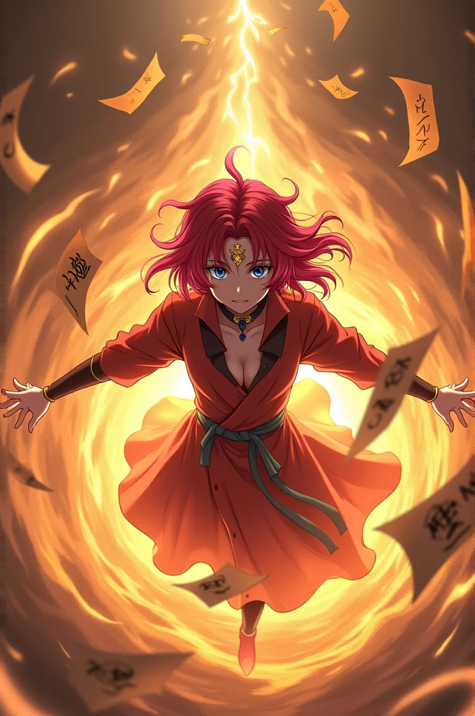 A dynamic anime scene featuring a character with red hair, blue eyes, and a mysterious symbol on their forehead. The character should be surrounded by a swirling vortex of sand, with ancient parchment papers floating around. The background should have a fiery, desert-like atmosphere with intense lighting.