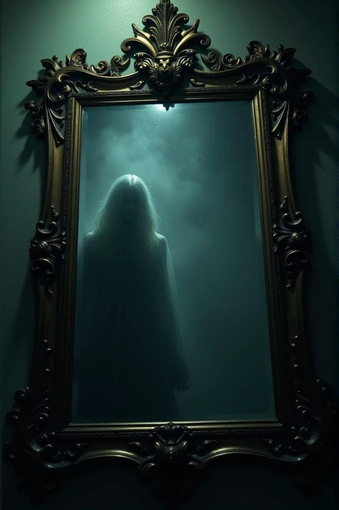 Make me a horror movie poster with a mirror