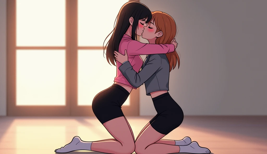 Two girls, yuri,(The first girl wear a pink shirt, black suit, black pencil skirt, black underpants, white socks), (The second girl wore a grey shirt, black suit, black pencil skirt, black underpants, white socks), lesbian kiss, hugging, sensual body, hands squeezed to butt, cartoon novel, 4K, HD