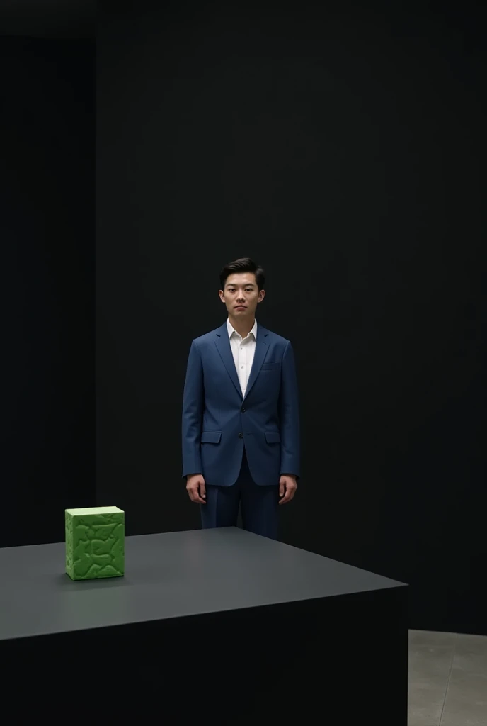 main item is a high ,black ,huge surface ,table displaying a very small green cude(size like a fist) with no shadow ,
and a 16years old ,asian, Blue suit ,white shirt,short , very white skin tone man  standing next to it 
and the whole body of the man facing the camera 
the back ground is a black wall 
taking a realistic far view photo