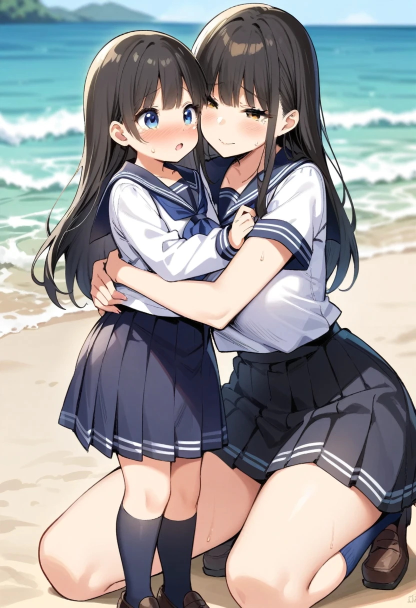 (mother and daughter, age_difference,size_difference), listening to the heartbeat , hugging each other,grabbing tit,(Cum on body), embarrassed,blush,tears in eyes, sweat, , masterpiece, best quality, very aesthetic, absurdres, ,akebi_komichi, akebi-chan_no_serafuku, mature mother and cute daughter, black_hair, long_hair, hair_behind_ear,blue_sailor_collar, blue_skirt, pleated_skirt, blue_socks, long_sleeves, brown_footwear, loafers,on the beach,blur background,background defocus,