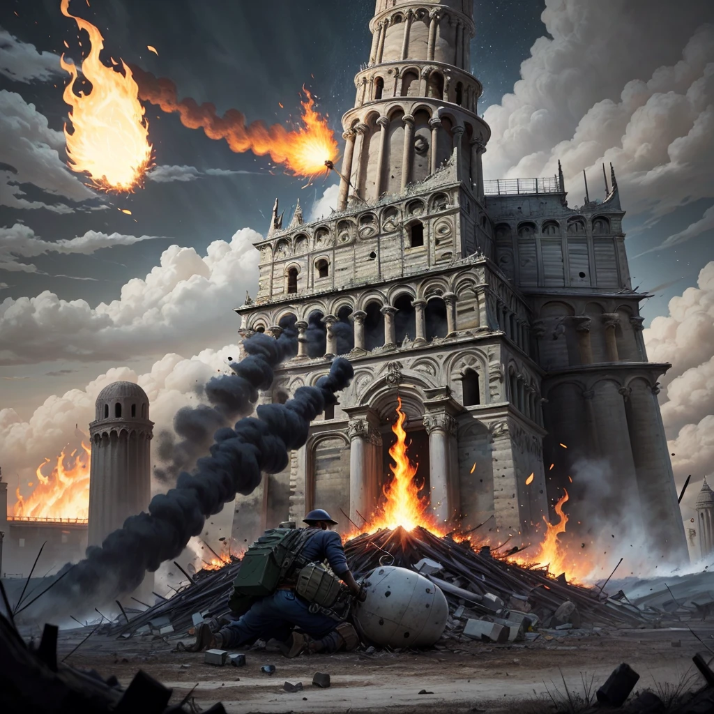 The Leaning Tower of Pisa has a huge war, destruction, darkness, evil, blackness, fire, artillery, explosives.