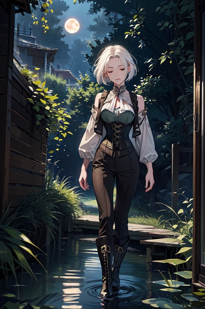 high detail, illustration, poster, movie poster, galadriel from lord of the rings in a white shiny semitransparent lace dress, half submerged in a pond, all kinds of insects surrounding her, she sings with her eyes closed, the forest of middle earth is around her, she lingers on the side, her presence emits an aura of a glowing halo, it is night and the sky is barely seen because of the tree tops hiding it, however a few lightbeams get through the leaves, it is the light of the moon, but it is a blood moon, so everything glows in red and orange and fireflies contribute to the lighting spectacle, (1GIRL), yellow eyes, white hair, (shoulder length hair, BOB CUT, windy hair:1.3), (elf:1.3),(adventurer outfit, fantasy outfit, brown and black outfit, biege blouse, corset vest, PANTS, boots :1.4), fantasy outfit, adventurer outfit,
