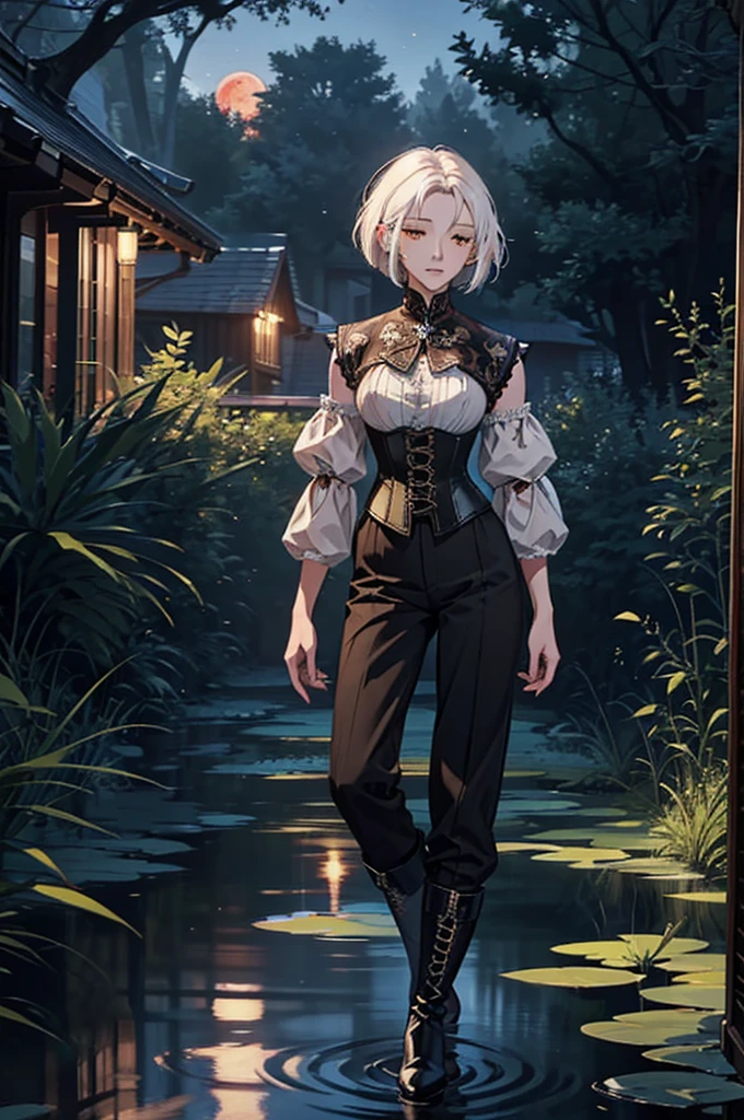 high detail, illustration, poster, movie poster, galadriel from lord of the rings in a white shiny semitransparent lace dress, half submerged in a pond, all kinds of insects surrounding her, she sings with her eyes closed, the forest of middle earth is around her, she lingers on the side, her presence emits an aura of a glowing halo, it is night and the sky is barely seen because of the tree tops hiding it, however a few lightbeams get through the leaves, it is the light of the moon, but it is a blood moon, so everything glows in red and orange and fireflies contribute to the lighting spectacle, (1GIRL), yellow eyes, white hair, (shoulder length hair, BOB CUT, windy hair:1.3), (elf:1.3),(adventurer outfit, fantasy outfit, brown and black outfit, biege blouse, corset vest, PANTS, boots :1.4), fantasy outfit, adventurer outfit,