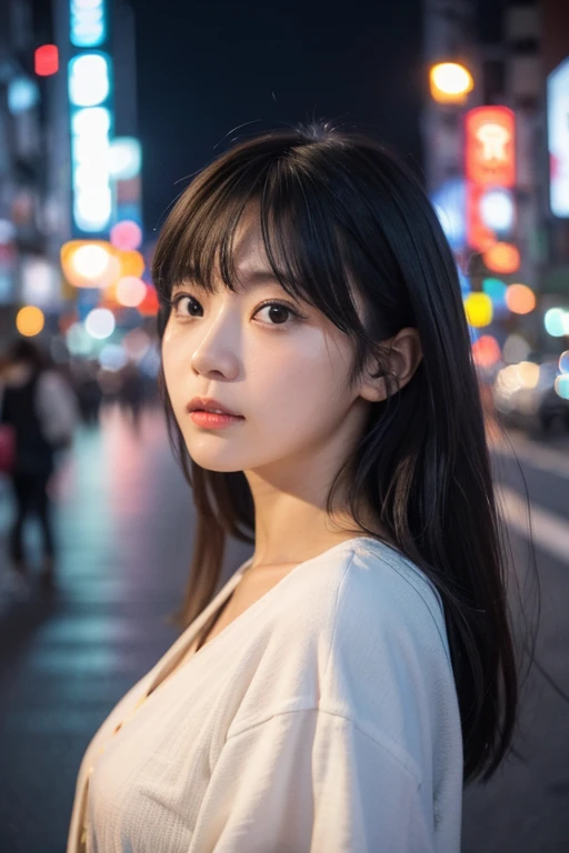 1girl, Tokyo street,night, cityscape,city lights, upper body,close-up, 8k, RAW photo, best quality, masterpiece,realistic, photo-realistic,