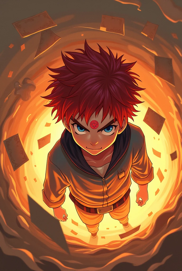A dynamic anime scene featuring a boy character with red hair, blue eyes, and a mysterious symbol on their forehead. The character should be surrounded by a swirling vortex of sand, with ancient parchment papers floating around. The background should have a fiery, desert-like atmosphere with intense lighting.