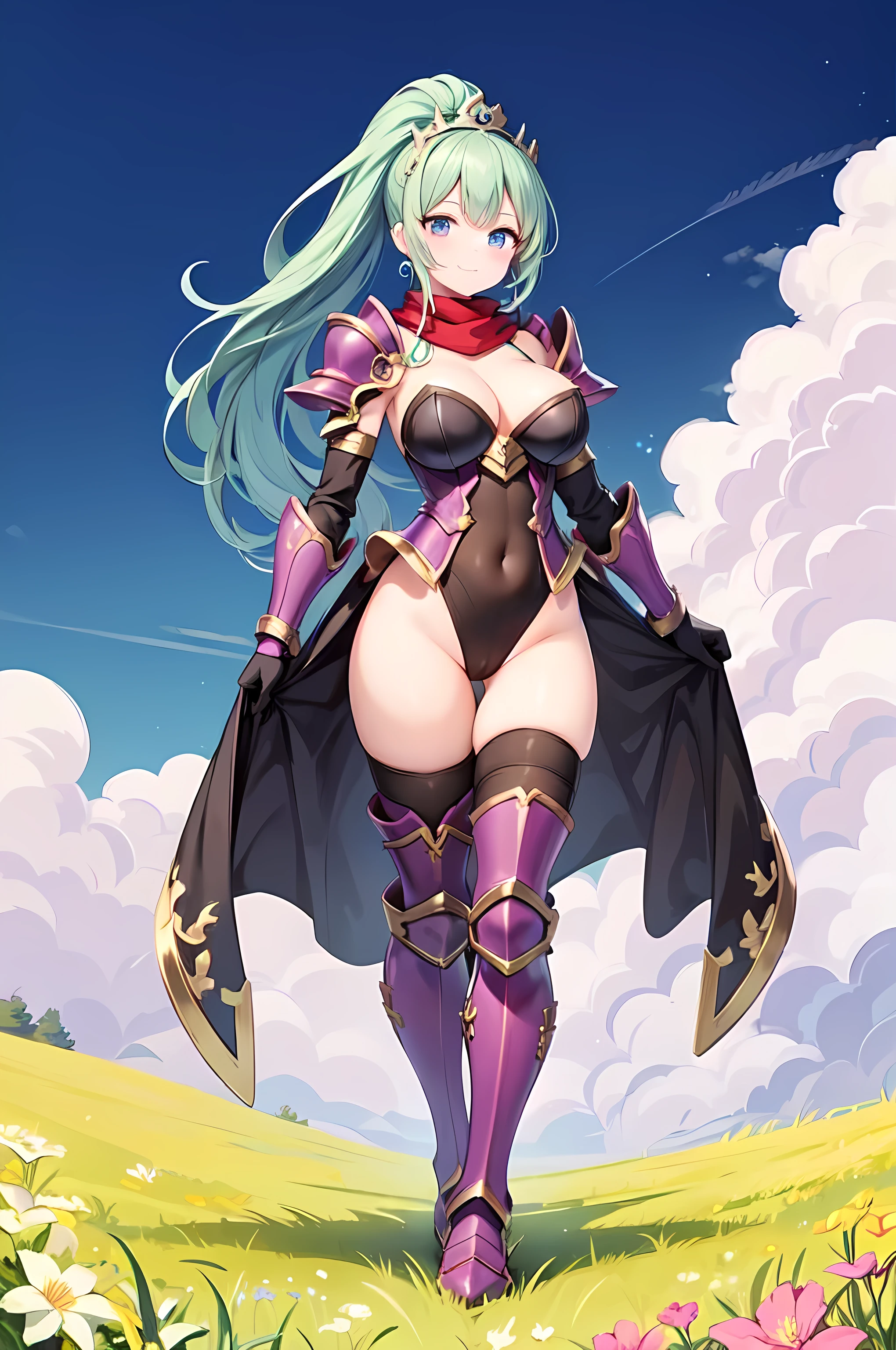 Masterpiece, 1girl, armor, armored boots, bangs, black gloves, black leotard, blue sky, boots, breasts, cleavage, cloud, covered navel, day, earrings, flower, full body, gloves, greaves, blue eyes, green hair, highleg leotard, jewelry, large breasts, leotard, long hair, looking at viewer, smile, outdoors, pauldrons, ponytail, red scarf, scarf, shoulder armor, sky, solo, standing, thighhighs, tiara, Granblue Fantasy style