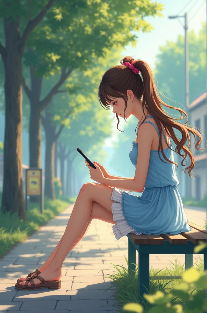 A beautiful girl sits at a bus stop holding a cellphone in her right hand, the girl has brown hair with two ponytails wearing a beautiful sky blue dress with a Short white skirt