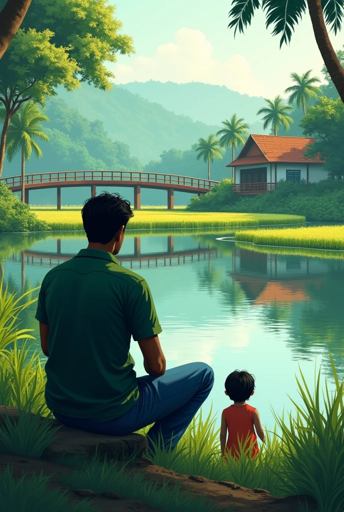 He is sitting by a lake in Kerala, wearing a dark green shirt and blue pants. He is looking far away at the rice paddy fields. Look at a girl nearby. Original background Do not see the face and white hand,And a bridge near that water The nearby  seen clearly A house next to it