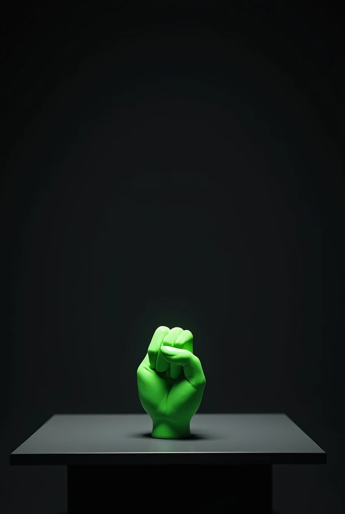 main item is a high ,black ,huge surface ,table displaying a very small green cude(size like a fist) with no shadow ,
and a 16years old ,asian, Blue GOOD LOOKING suit ,white shirt,short , very white skin tone man standing next to it
and the whole body of the man facing the camera
the back ground is a black wall
taking a realistic far view photo