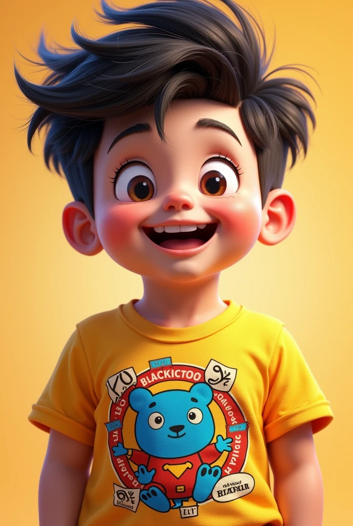 I want a picture of a boy wearing a Patrick Kim logo t-shirt and his hair is standing up