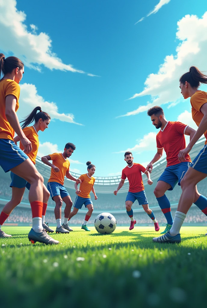 Many football players are in a circle kicking a ball.