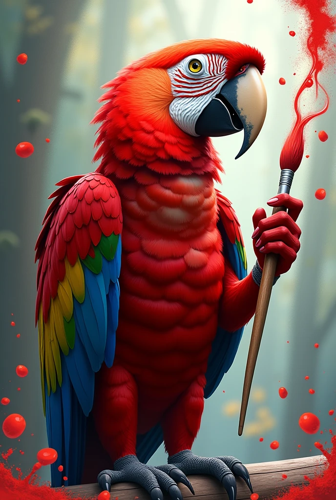  painting of scarlet macaw bird making his own self painting  and his beak holding the brush changing their own colour of the body using painting brush on their hole body , illusion art, imaginary , pains are splashing towords all places
