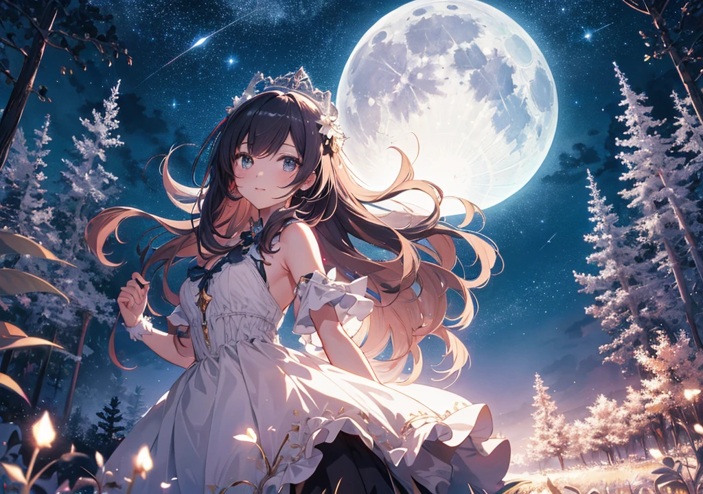 Realistic photos, Focus distance 10mm, Red and white, Beautiful girl, Realistic photos, Shooting at focus distance 10mm, masterpiece, 最high quality, high quality, Very detailed CG 8k wallpaper unit, Award-winning photography, Depth of written boundary, High resolution, bloom, chromatic aberration, Realistic, Very detailed, Art Station Trends, CGsociety Trends, Complex, High detail, dramatic, Art on the go, volumetric lighting, On a starry night, in a magical forest, a beautiful girl named Luna stands in front of a large full moon. She is wearing a gorgeous dress like a Disney princess, and her dress shines like the starry sky. Behind Luna are rows of fantastical trees, and the magic of the stars shines gently around her. Her expression is elegant, and full of hope and determination. In the background, the moonlight illuminates the forest, spreading a soft blue light all over. It is a magical and dreamy scene, just like in a Disney movie