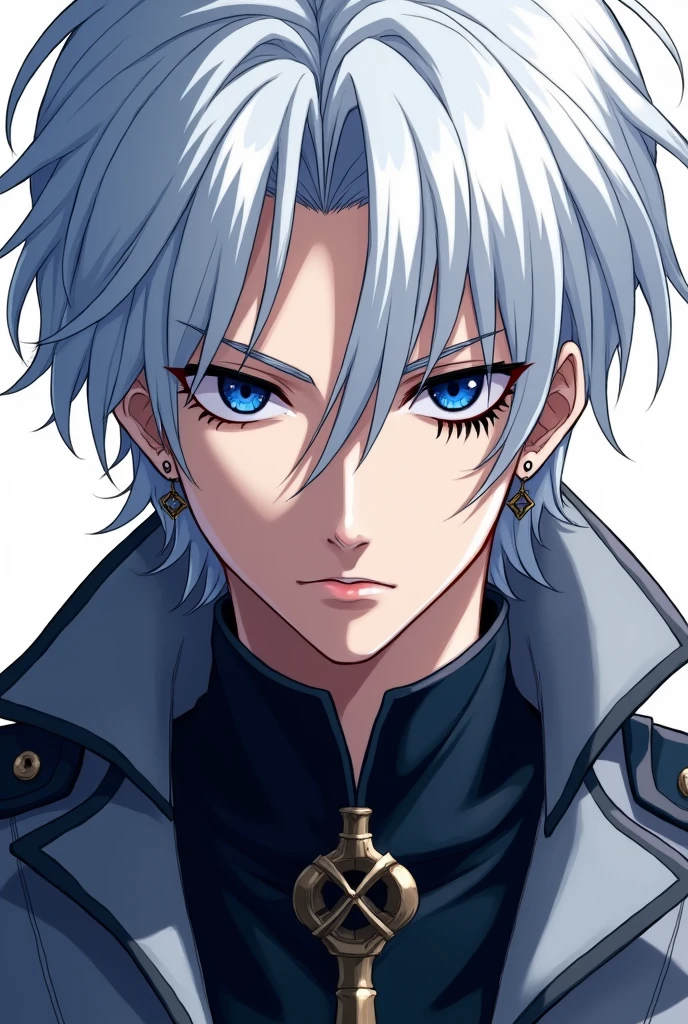 Chrollo Lucifer from Hunter X Hunter, without any cross tattoo on his forehead, without earrings either, with white hair and dark blue eyes, make the drawing very aesthetic and beautiful with a very beautiful line, in manga style